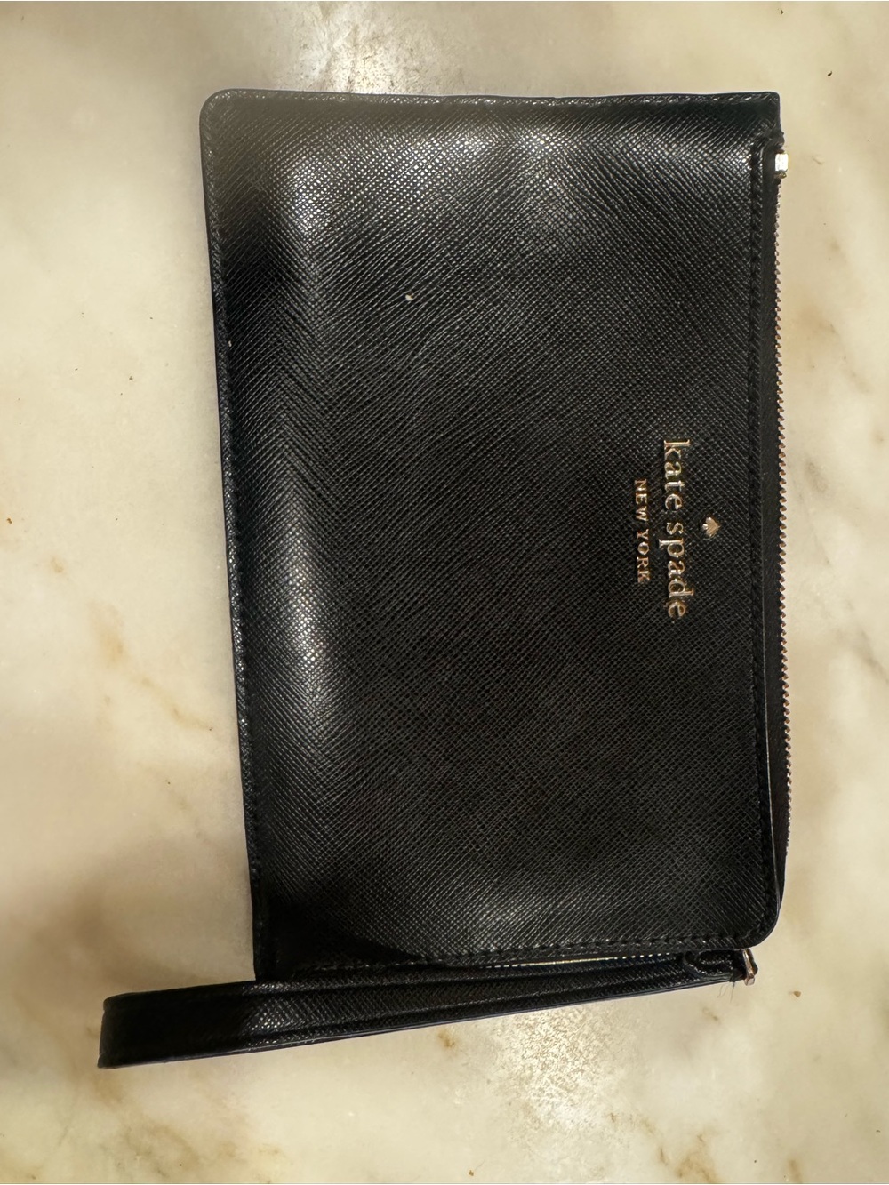 kate spade black leather zip wristlet clutch with gold logo